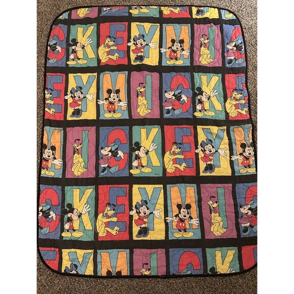 VTG 80s/90s Mickey Mouse Pluto Disney Baby Quilted Blanket Black 53x41” - Picture 1 of 6